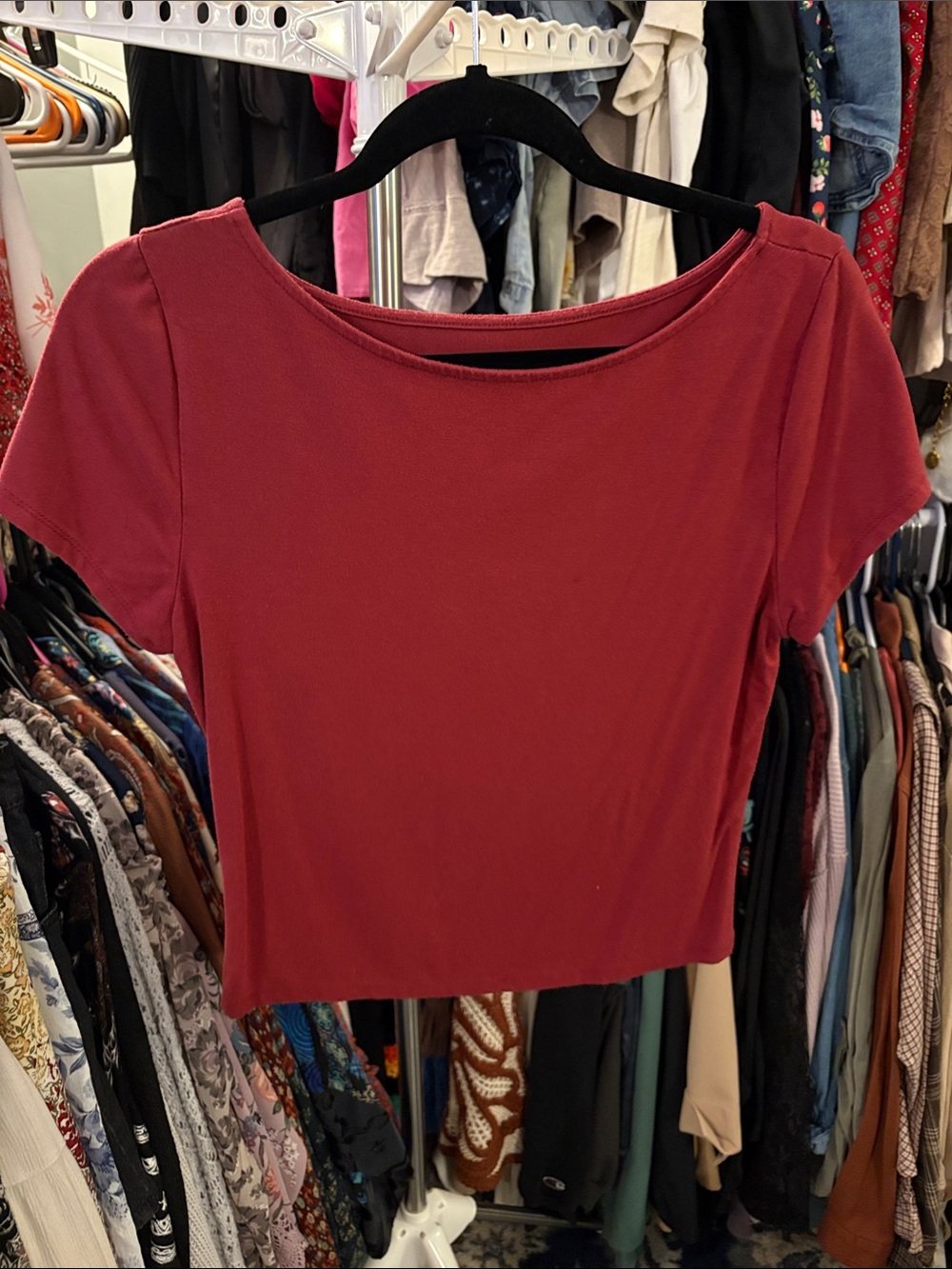Pink Rose Short Sleeve Boatneck Top in Deep Rose